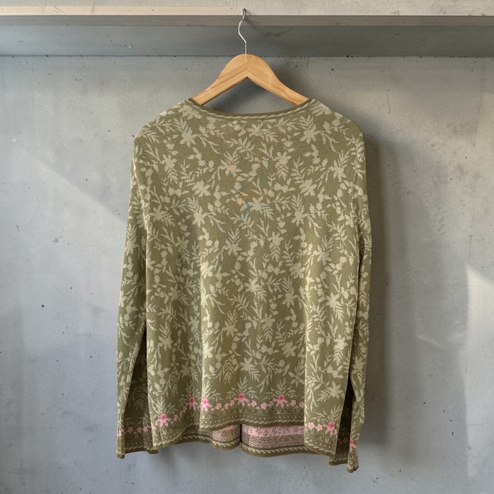 Pendleton Olive Green Floral Jacquard Cardigan with Pink Accent! Large! - Picture 2 of 7